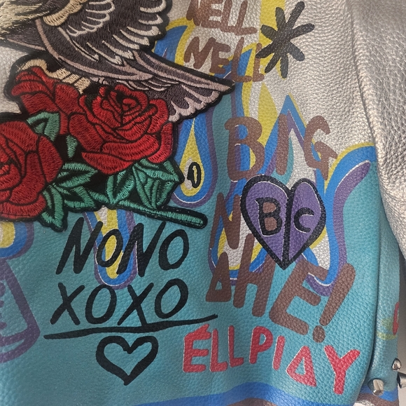Azalea Wang Phoenix Moto Jacket Studded Graffiti Painted Cropped  Silver, Small - Picture 13 of 15